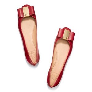 TORY BURCH Chase Red Bow & Gold Logo Ballet Flat